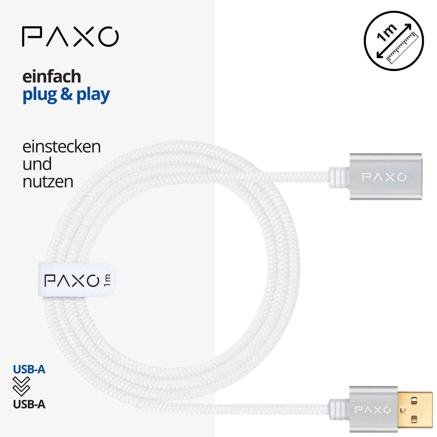 PAXO 1m Nylon USB 2.0 Verlängerung weiß, A-A Verlängerungskabel, Aluminiumstecker, Stoffmantel