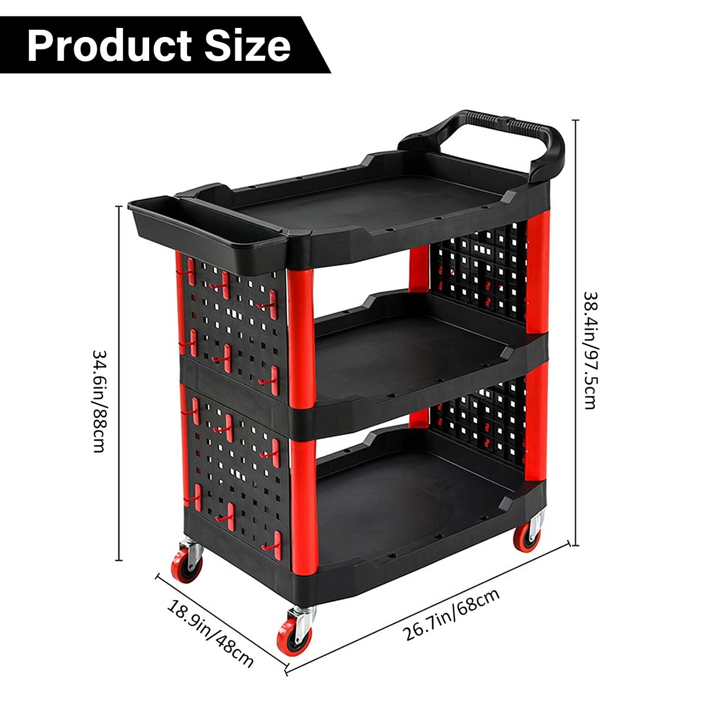 HYEIOL Werkstattwagen mit 3 Etagen, Lochbrett und 24 Haken, Tragkraft 100 kg, Schwarz