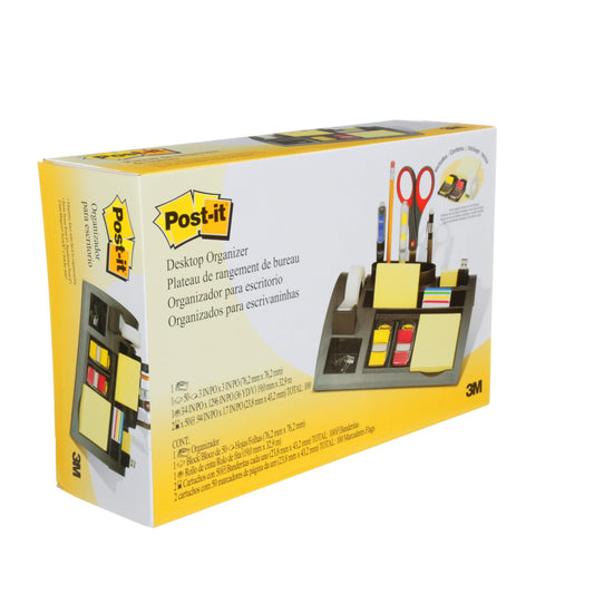 Post-it Desk Organizer, Packung mit 1 Block Post-it Notes a 100 Blatt, 4 x 35 Haftstreifen Post-it Index, 1 Rolle Scotch Magic mattes Klebeband, 265 mm x 168 mm x 68 mm, Farbe: Silber