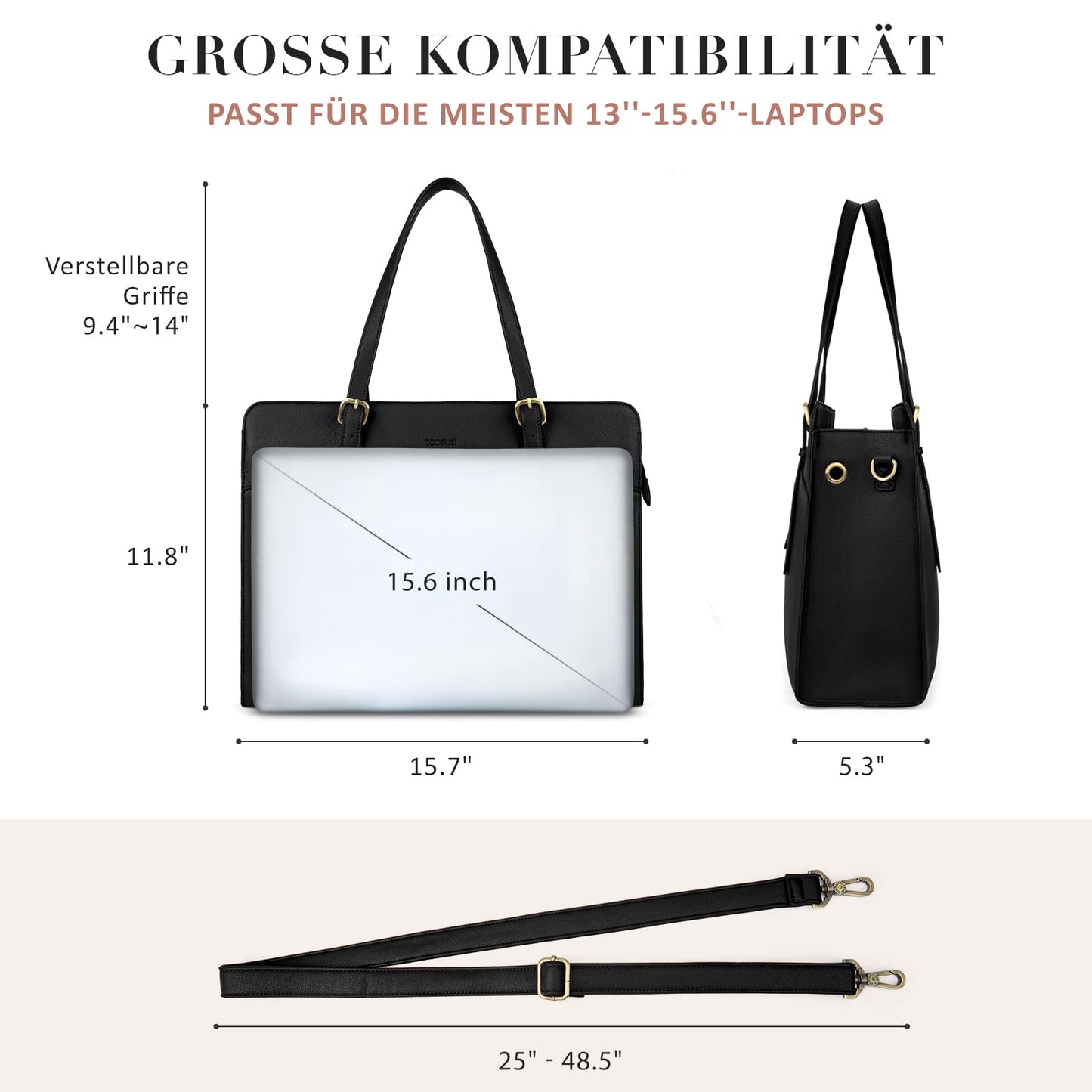 ECOSUSI Laptop Handtasche Damen Laptoptasche 15,6 Zoll Schultertaschen Shopper Damen Groß Aktentasche Leder Businesstasche Arbeitstasche Notebooktasche