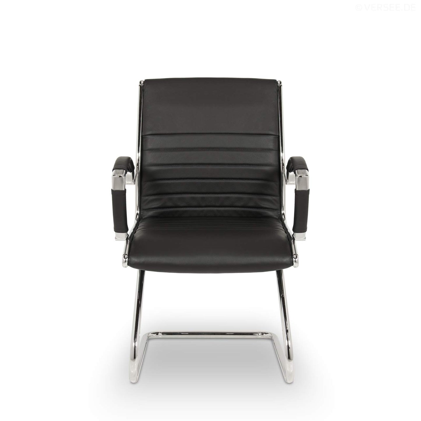 VERSEE Premium Echt-Leder Besucherstuhl Montreal in Schwarz mit Armlehne - Freischwinger mit Chrom für Büro und Konferenzräume - Belastbar bis 150kg