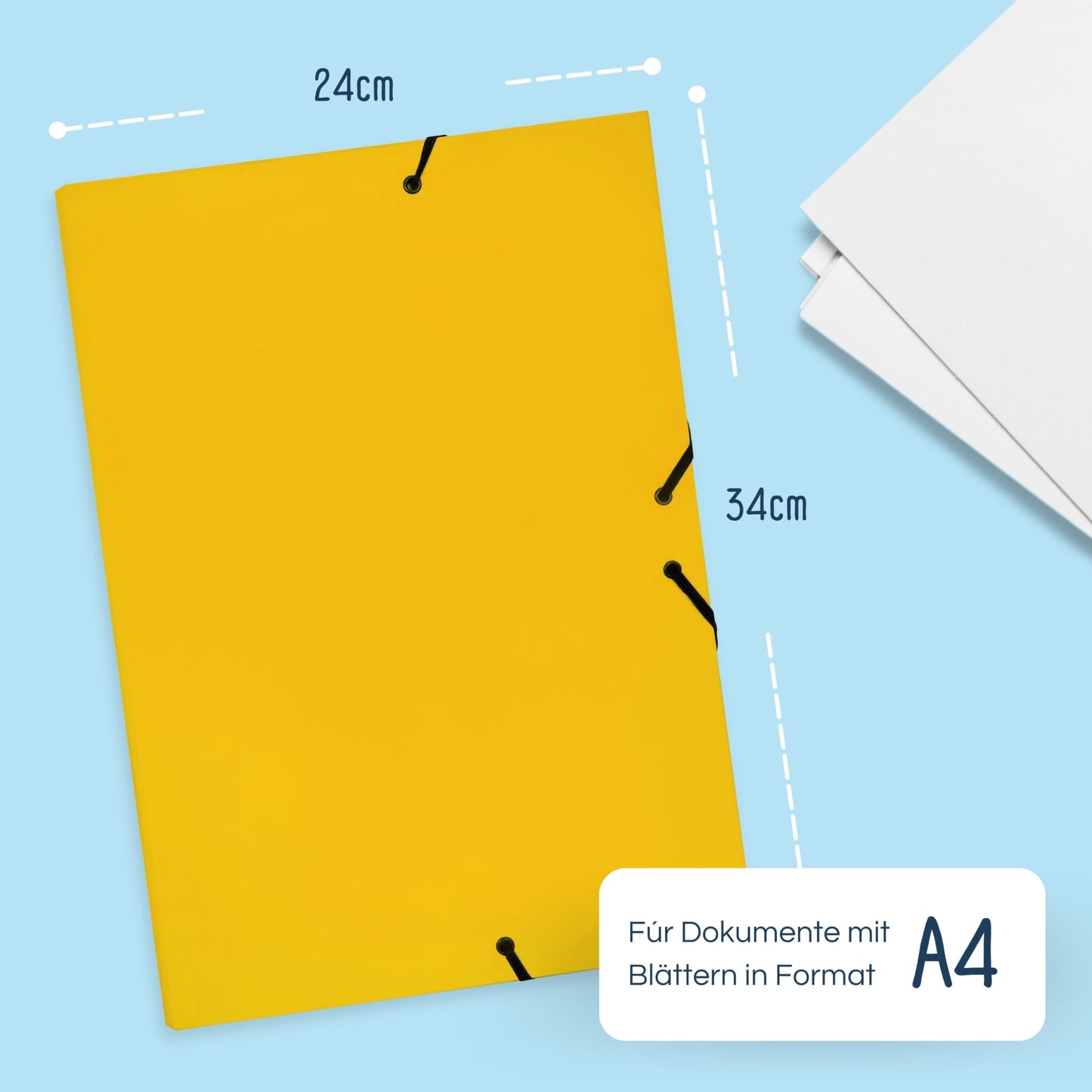 Raylu Paper Projektmappe Matt A4 mit 3 cm Rückenbreite, stabile Kartonmappe und Verschluss mit Gummibändern für Schulprojekte oder Büro, Größe 34 x 24 cm (Gelb)