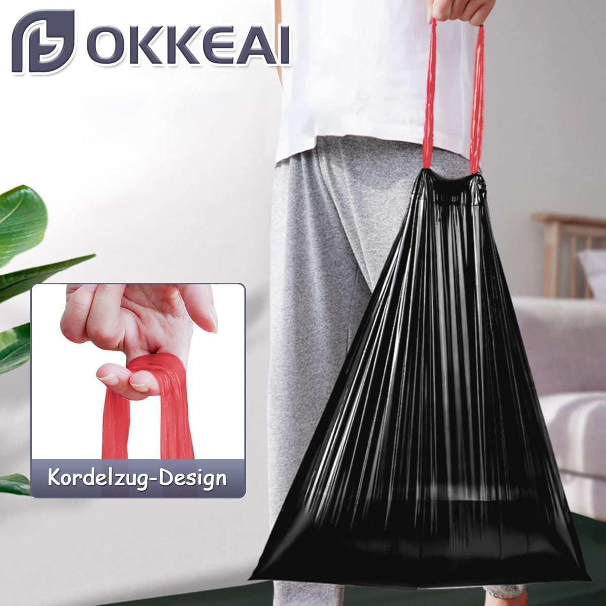 OKKEAI Schwarz Müllbeutel 15L mit Zugband Kleine Mülltüten,75 Stück Reißfest Müllsacks