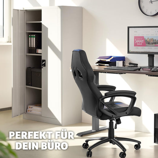 tectake Aktenschrank 180x80x40 cm – Abschließbarer Metallschrank mit 2 Türen und 3 höhenverstellbaren Einlegeböden, Grau