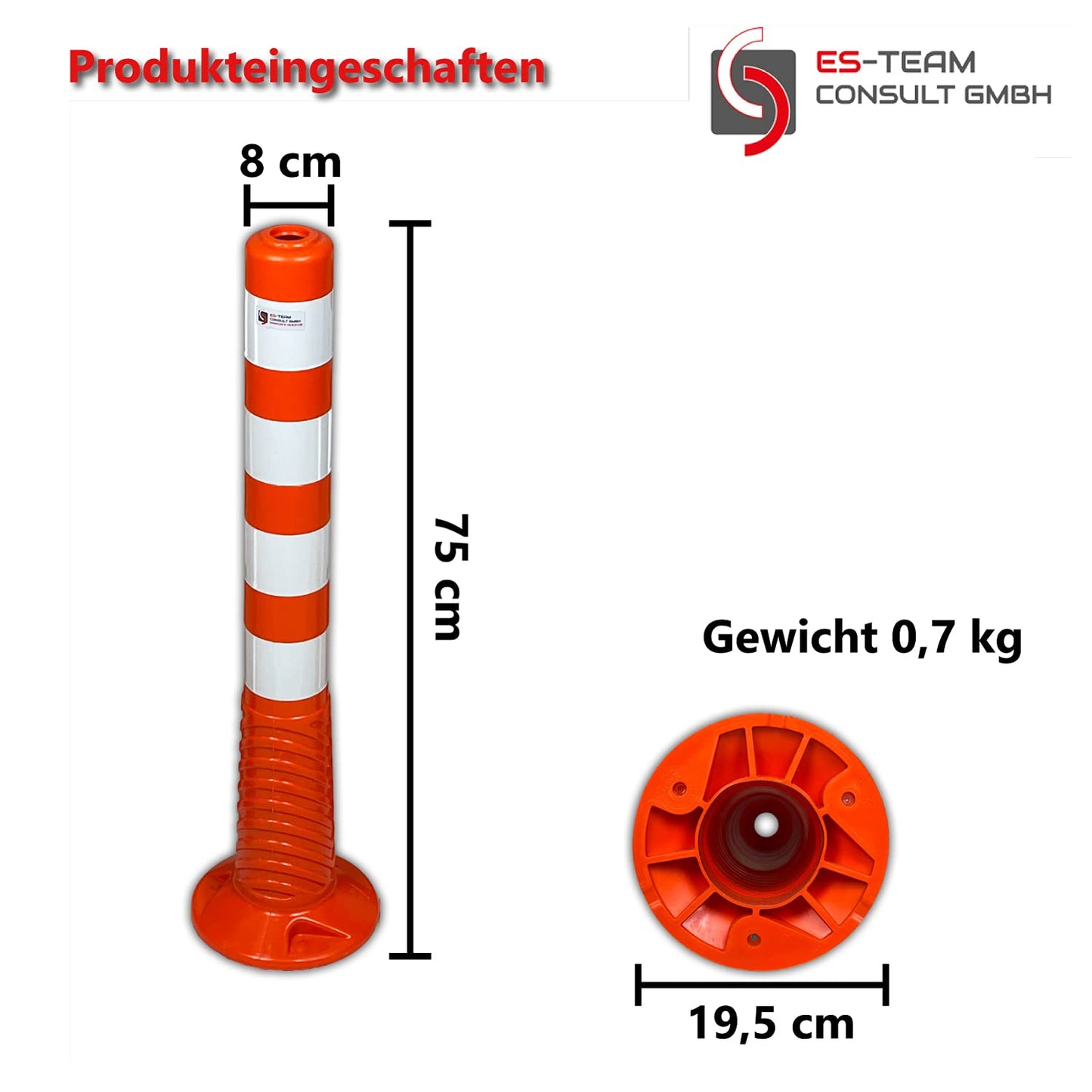 UvV-Flex 2 Stück Set Absperrpfosten Ecoline 75cm orange mit vier Reflexstreifen (RA1) inkl. Befestigungsmaterial - extra leicht, überfahrbar, flexibel und langlebig (2-75cm)
