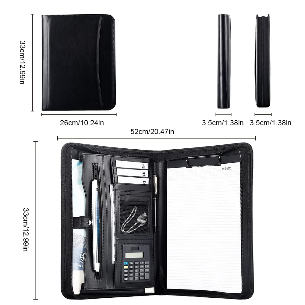 Leathario A4 Konferenzmappe, Schreibmappe A4 mit Reißverschluss, Portfolio Dokumentenmappe Mappe Schreibblock Schwarz