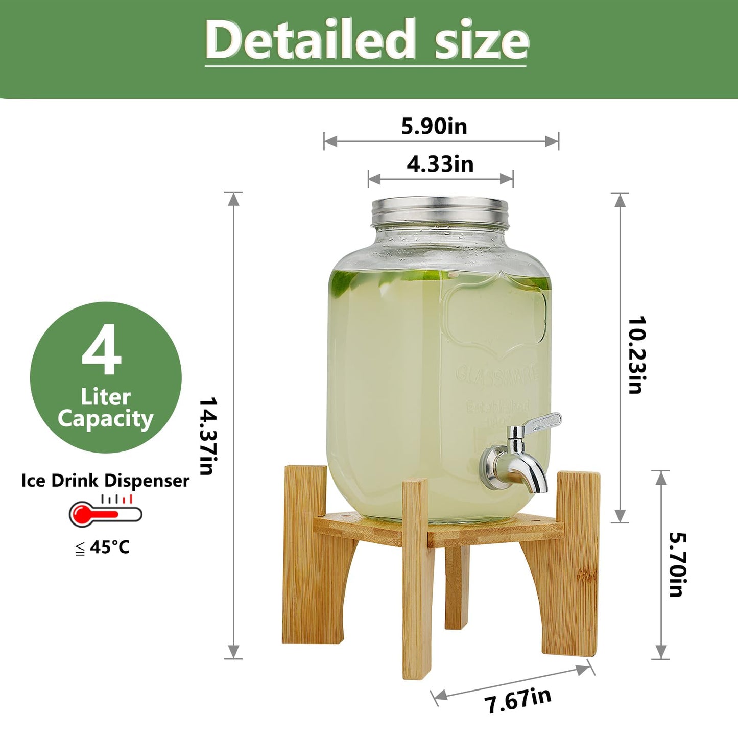 Hiziwimi 4L Getränkespender mit Ständer, Getränkespender aus Glas mit Zapfhahn aus massivem Edelstahl (4L-Glas mit Ständer aus Bambus)