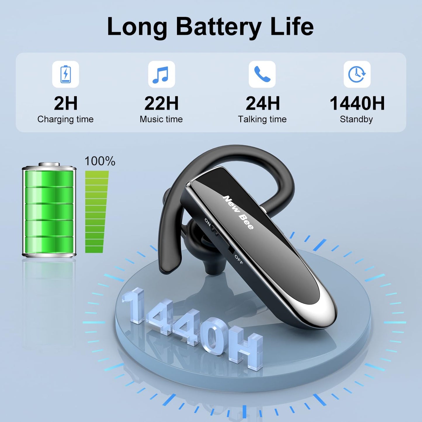 New Bee Bluetooth Headset Wireless Freisprech Telefon Bluetooth-Headset mit Mikrofon für iPhone Samsung Huawei mit 60 Tage Standby Schwarz