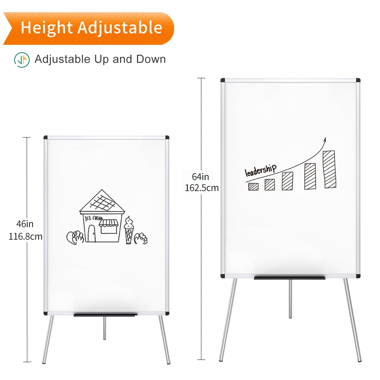 VIZ-PRO Whiteboard/Flipchart-Staffelei, höhenverstellbar, nicht magnetisch, trocken abwischbar, 90 x 60 cm