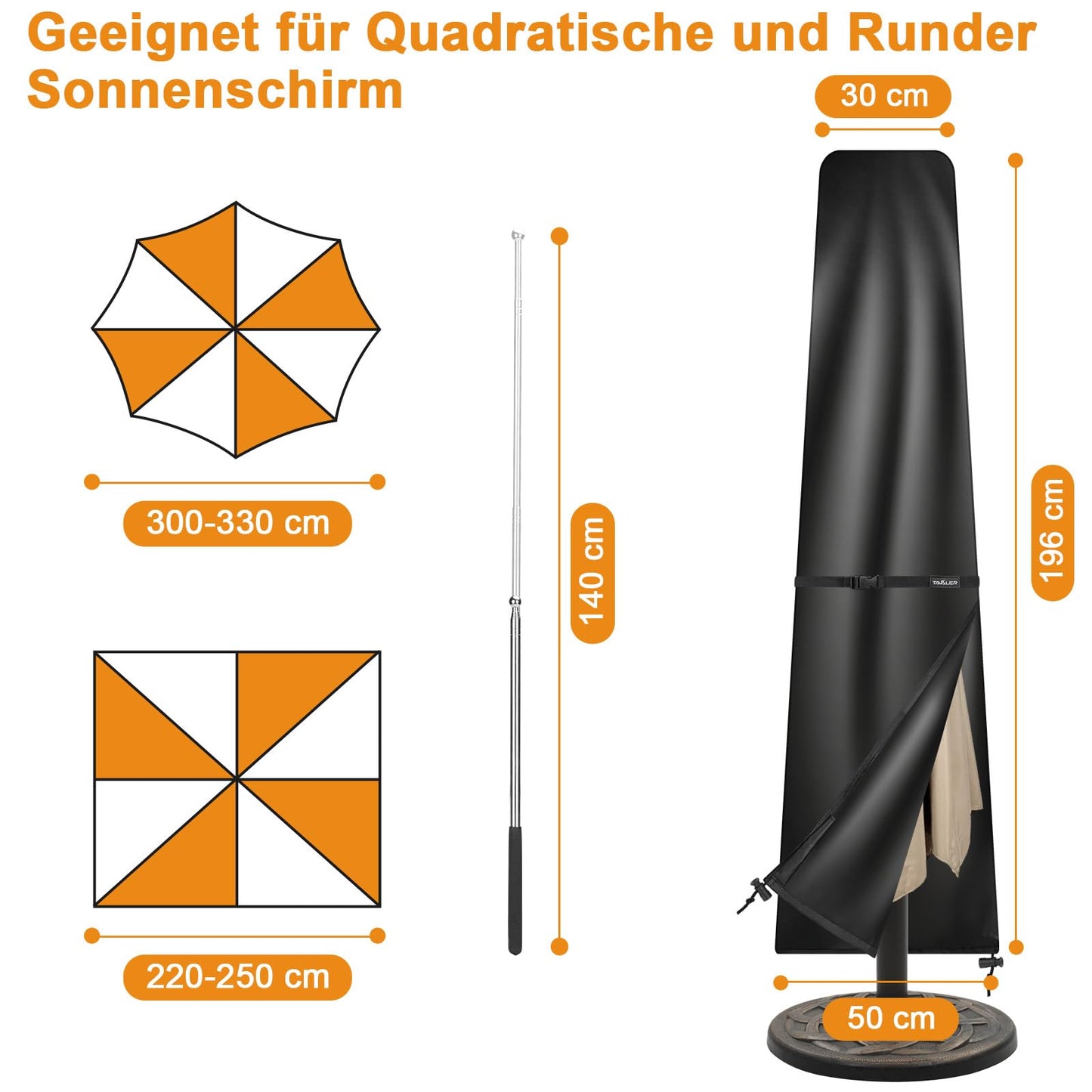 Tavaler Sonnenschirm Schutzhülle 2 bis 3 M, Sonnenschirmhülle mit Stab, 420D Oxford Gewebe Sonnenschirm Abdeckung Wetterfeste, UV-Beständiges, Winddicht und Schneesicher (196x30/50 cm)