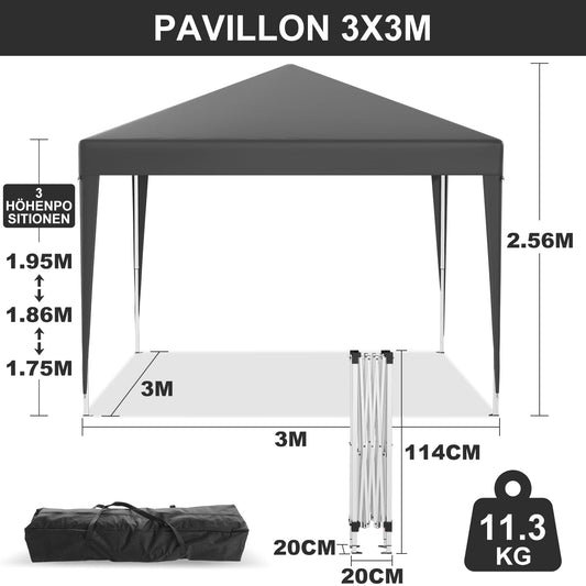 Devoko Pavillon Wasserfest 3x3m Wasserdicht Stabil | Faltpavillon Faltbar Gartenzelt | Pop up Faltbar Partyzelt UV Schutz 50+ | Höhenverstellbar | Metall-Verstrebungen für Camping(Grau)