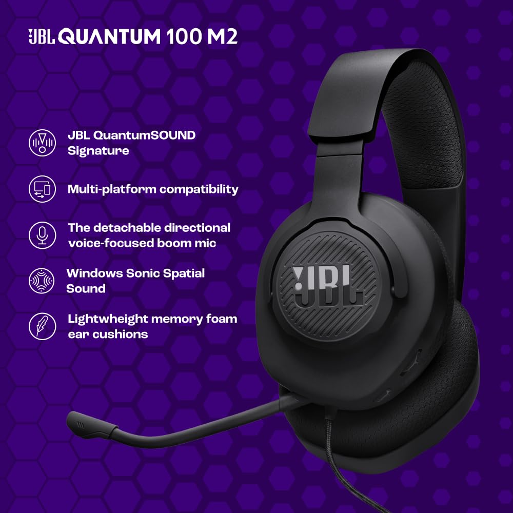 JBL Quantum 100M2 Kabelgebundenes Over-Ear Gaming Headset mit JBL QuantumSOUND Signature, 3,5-mm-Klinke, Multi-Plattform-Kompatibilität und abnehmbarem Mikrofon mit Stummschaltungsoption, Schwarz