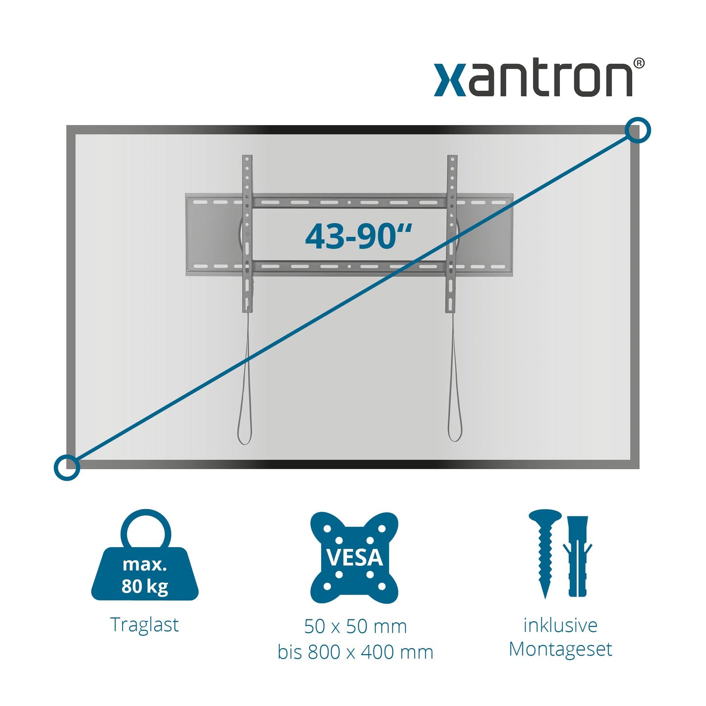 Xantron® HD-LP800 Feste Wandhalterung Fernseher 43-90 Zoll/VESA 50x50 bis 800x400 / TV Halterung Wand max. 80kg / TV Wandhalterung flach/Minimaler Wandabstand - inkl. Montagematerial