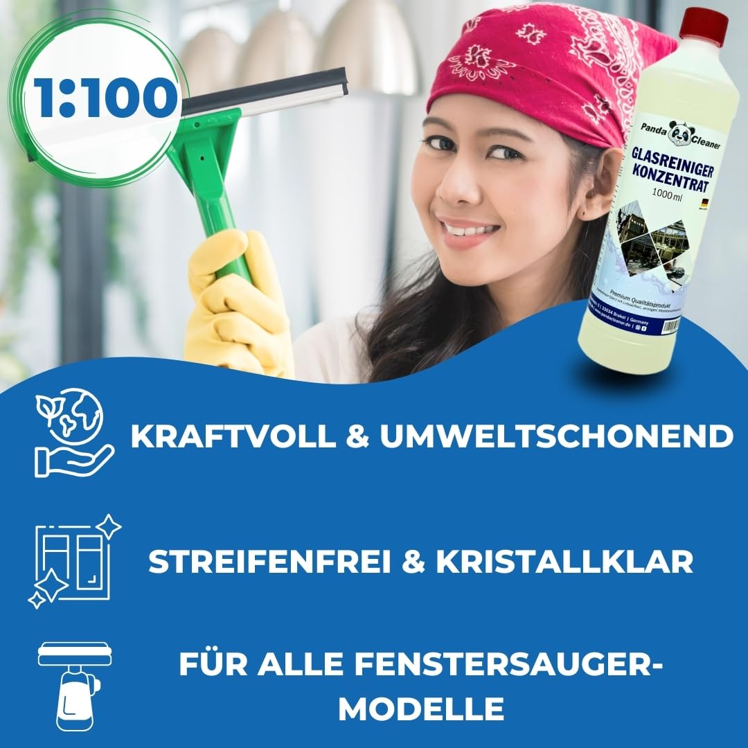 PandaCleaner Glasreiniger Konzentrat - 1000ml Glasreiniger Fenster - Fensterreiniger Konzentrat für streifenfreie Reinigung - Für alle Fenstersauger (1000ml)
