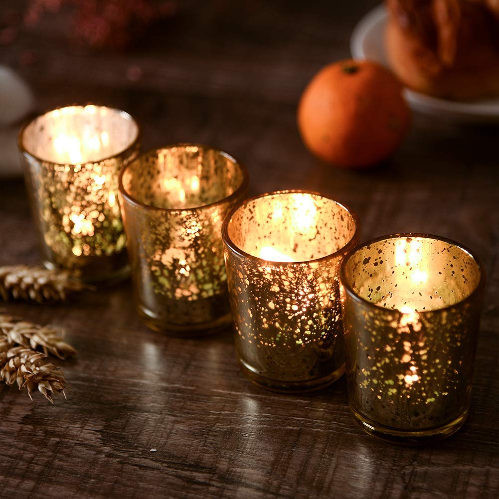 Gold Teelichtgläser 12er Set, Gefleckt Teelichthalter Glas, Votivkerzenhalter, Perfekte Tafelaufsätze für Hochzeit Part Heimdekoration