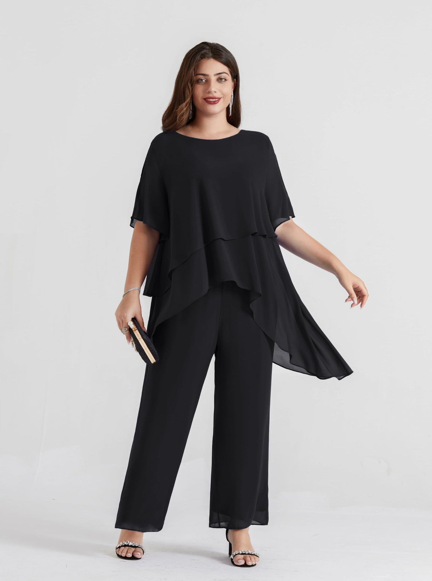 Hanna Nikole Damen Übergröße Chiffon Kurzärmel 2-Teiliges Set Kurzärmel Vorne Kurz Hinter Lang Rundhals Chiffon Hosenanzug Damen Elegant Sommer für Brautmutter Hosenanzug Black 46