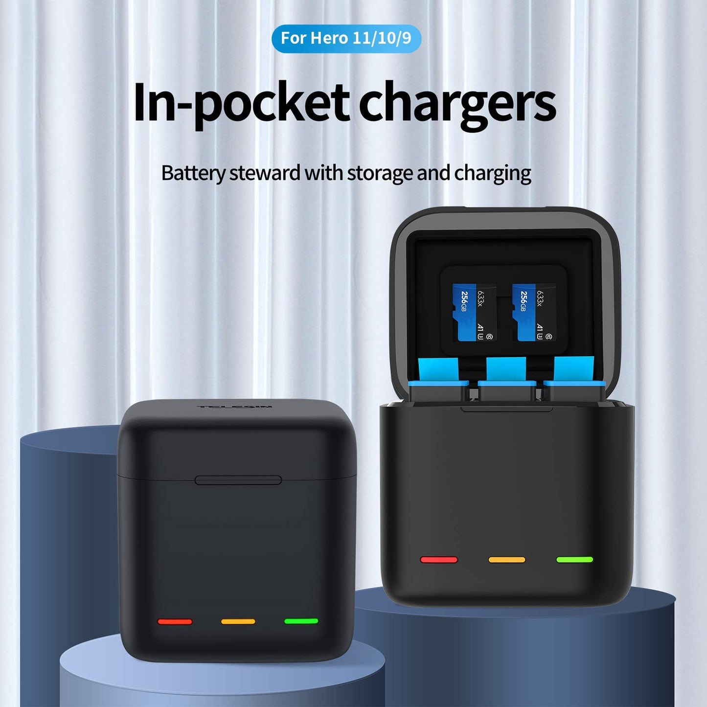 TELESIN Dreifach-Ladegerät und Akku-Speicherbox mit Ladegerät mit 3 Kanälen mit 2 Li-Ion-Akkus für GoPro Hero 12 Hero 11/10/9 Black (1 Ladegerät + 2 Akkus)