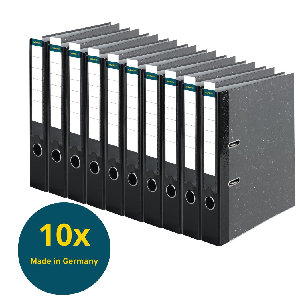 SCHÄFER SHOP Ordner DIN A4 breit – 5 cm Ordnerrücken mit Einsteckrückenschild - Ringbuch Aktenordner Büroordner - Made in Germany - Wolkenmarmor schwarz, 10er Pack