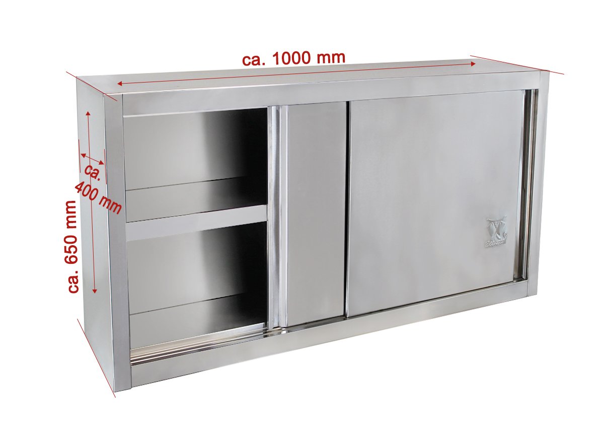 Beeketal 'BWS100' Gastro Küchen Wandhängeschrank aus Edelstahl mit auf Rollen gelagerte Schiebetüren, Hängeschrank mit fest verbautem Einlegeboden