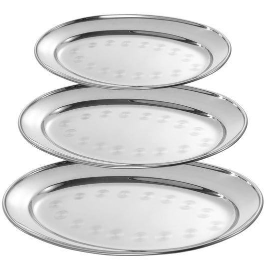 3 Stück ovale Edelstahl-Servierplatten, lebensmittelechte Metall-Servierplatte, großes Brutzel-Serviertablett, Kellnertablett, hochglanzpoliertes Edelstahl-Lebensmitteltablett für Abendessen, Partys