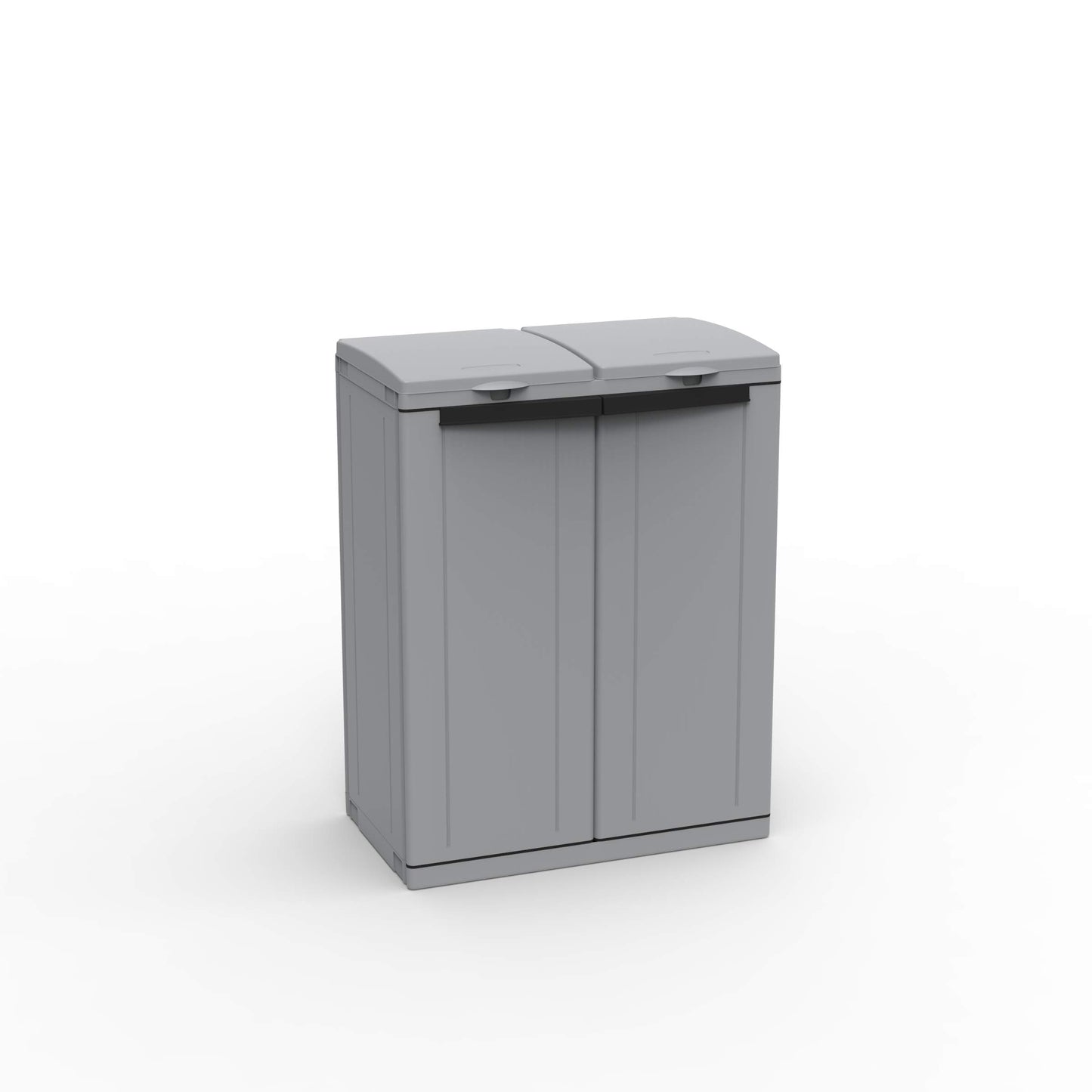 Hier passt viel rein! XXL Gartenschrank mit Zwei Halterungen für Müllsäcke und Recycling. Frontseitig und von Oben zu öffnen. In neutralem Grau.