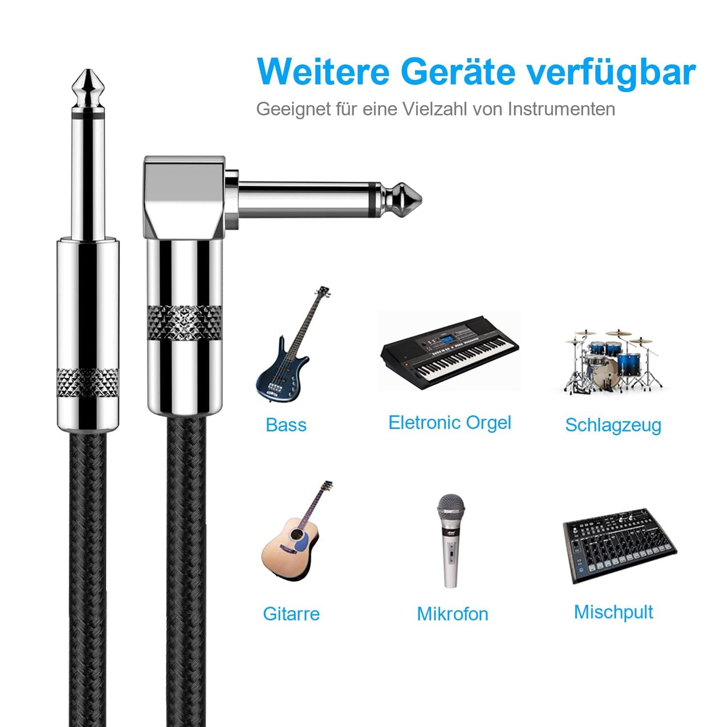New bee Instrumentenkabel Elektrisches Instrumentenkabel Bass AMP-Kabel 1/4 für E-Gitarre, Bassgitarre, Keyboard, Elektrische Mandoline, Pro Audio (RIGHT, 1.8m/6ft)