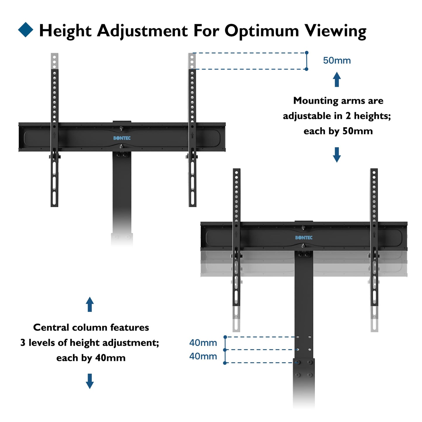 BONTEC TV Ständer für 30-70 Zoll LED OLED LCD Plasma Flach & Curved Fernseher bis 40 kg, Höhenverstellbarer Hoher TV Bodenständer mit 2 Stufigen Regalen aus Gehärtetem Glas, Max. VESA 600 x 400 mm
