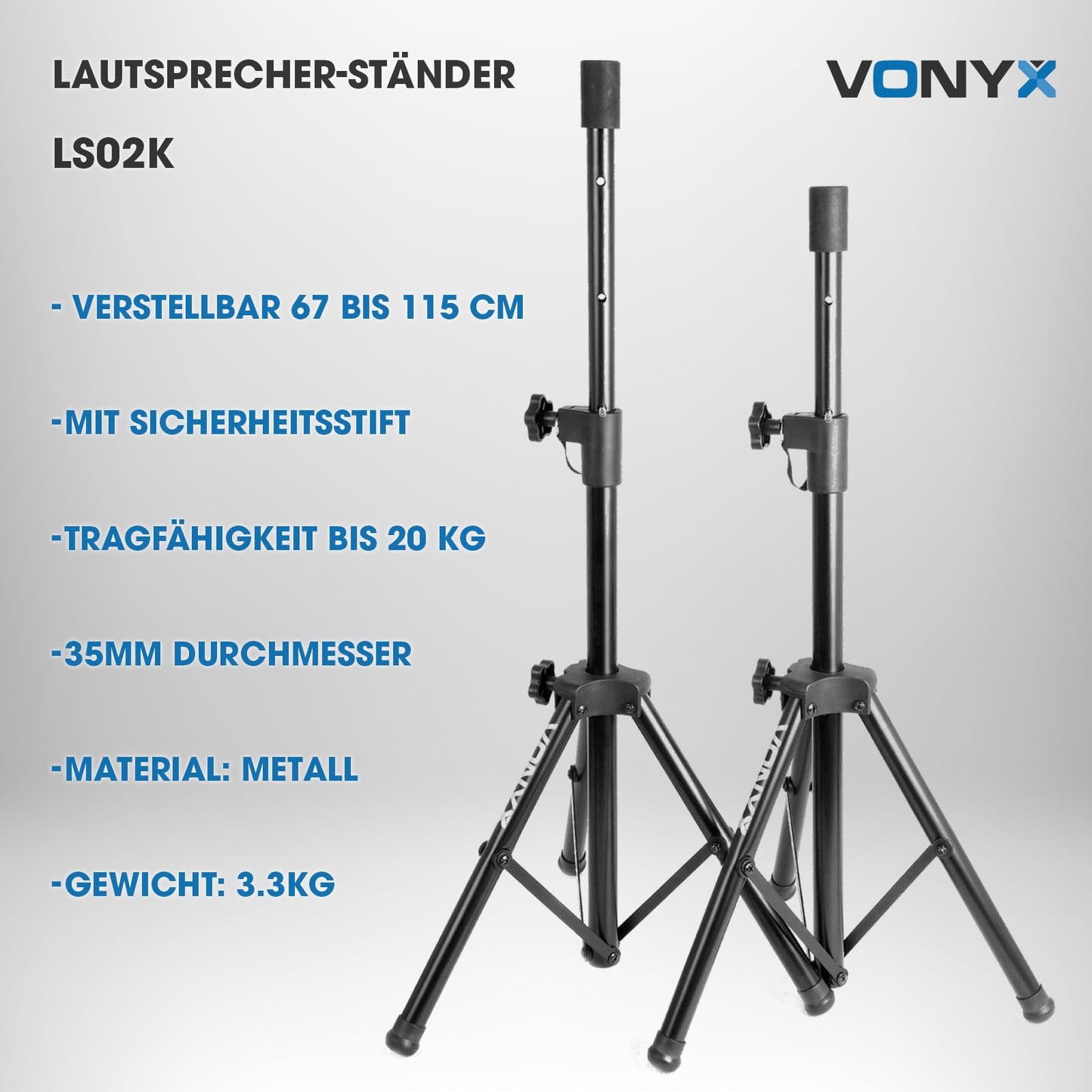 Vonyx LS02K Boxenstativ, Boxenständer, Lautsprecher Stativ, 67-115 cm, bis 20 kg, 35MM mit Sicherheitsstift, Lautsprecherständer höhenverstellbar, Boxen Stativ Speaker Stand - Schwarz