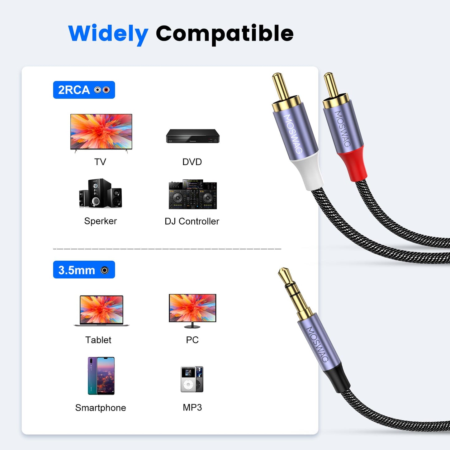 MOSWAG Cinch Kabel Cinch auf Klinke 3.3ft/1M, Audio Aux 3,5mm Klinke zu 2 Chinch RCA Y für MP3, Tablets, Stereoempfänger, Auto, Lautsprecher, HDTV usw