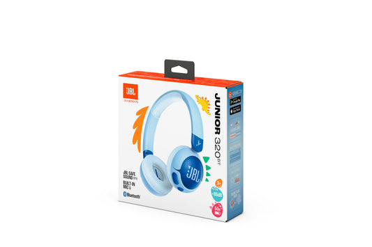 JBL Junior 320 BT, Kabellose On-Ear Bluetooth-Kopfhörer mit eingebautem Mikrofon für Kinder, 50 h Wiedergabe, JBL Safe Sound, geringer Lautstärke, einfacher Bedienung und Sticker-Set, Blau