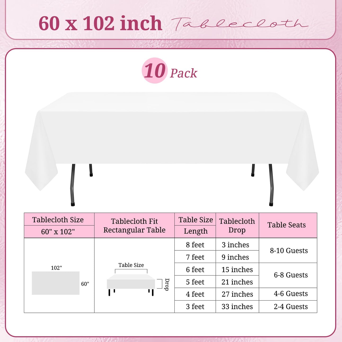 10er-Pack rechteckige Tischdecken,153 x 260 cm,weiße Tischdecke,Polyester-Tischdecke für 1,8 m große rechteckige Tische, Flecken- und knitterfrei, waschbare Stoff-Tischdecken für Hochzeit,Bankett