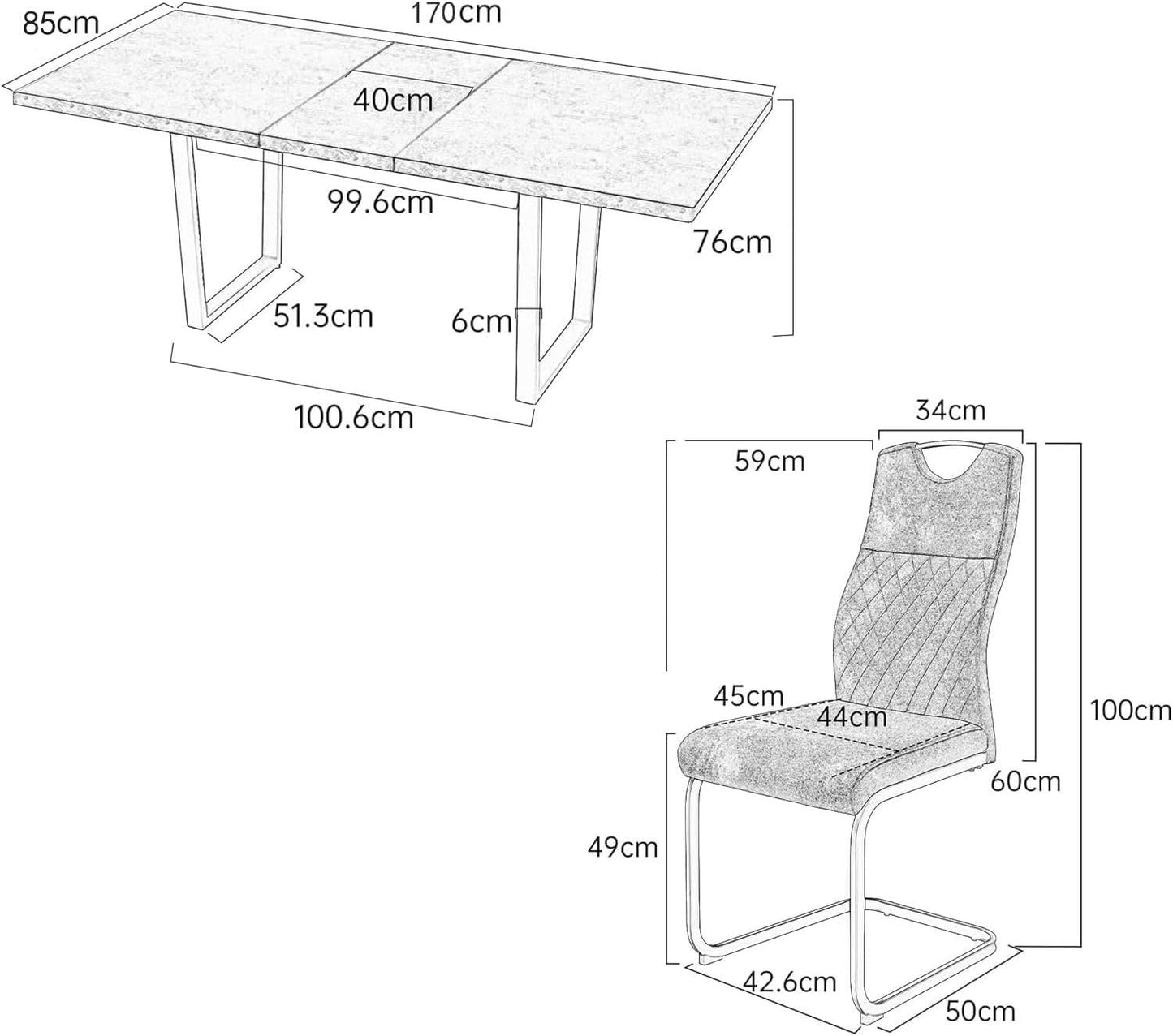 jiexi Esstisch-Set mit 4-8 Stühlen, Ausziehbarer Esszimmertisch 130-170 cm, MDF-Holztisch mit Grauen Stühlen für Küche und Wohnzimmer