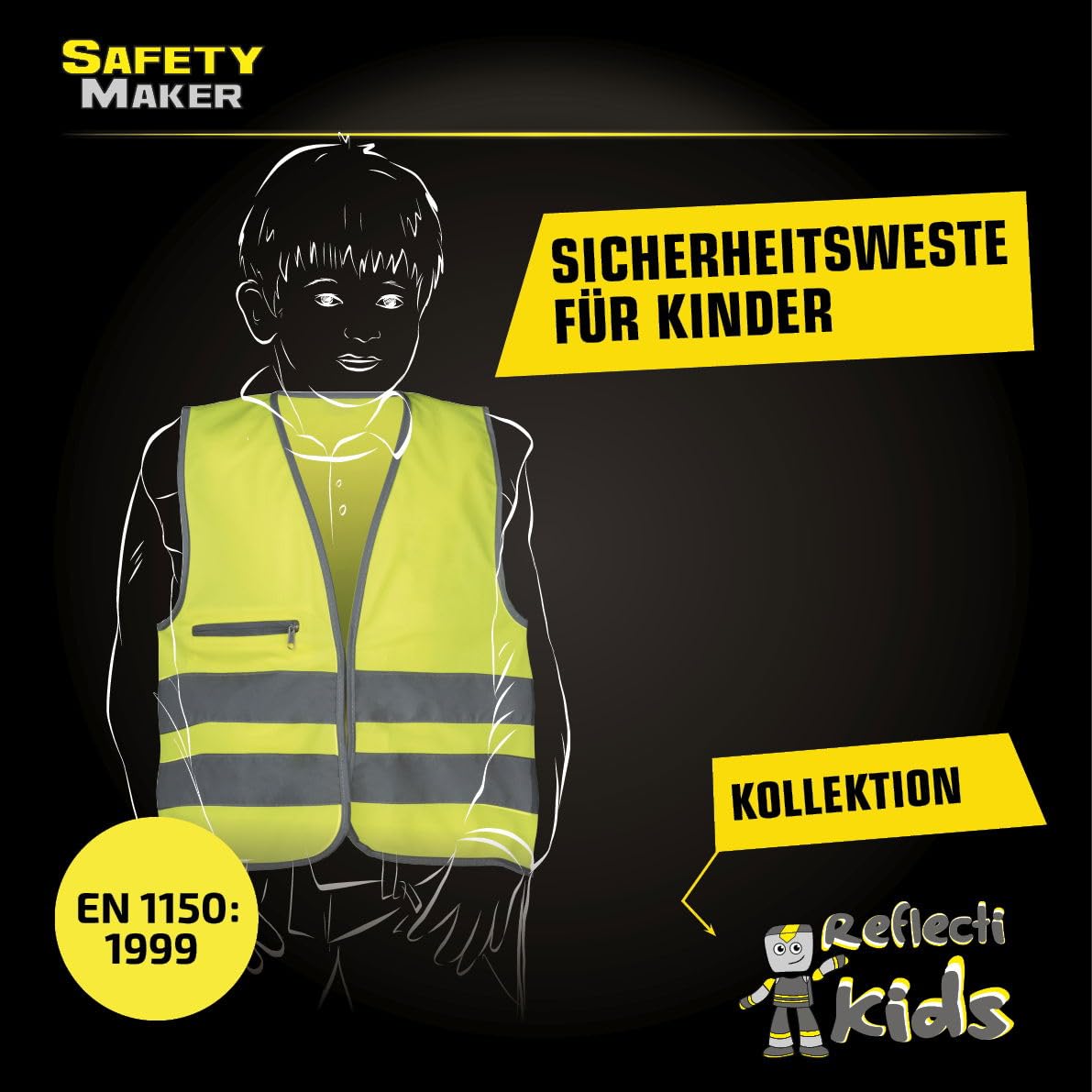Safety Maker 44571 Kinder Sicherheitsweste, Warnweste, Reflektorweste, refkletierend für 7-14 Jahre, gelb