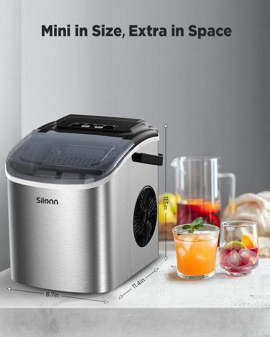 Silonn Eiswürfelmaschine, Eiswürfelbereiter 9 Würfel in 6 Minuten fertig, 12 KG in 24 Stunden, Selbstreinigende Kleine Eiswürfelmaschine, 2 Eiswürfel Größen für Küche, Büro, Bar und Party, Edelstahl