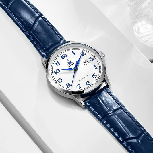 SHENGKE SK Classic Business Women Watches with Stainless Steel Band and Genuine Leather Elegant Ladies Calendar Watch(Arabic Number-Blue Leather)