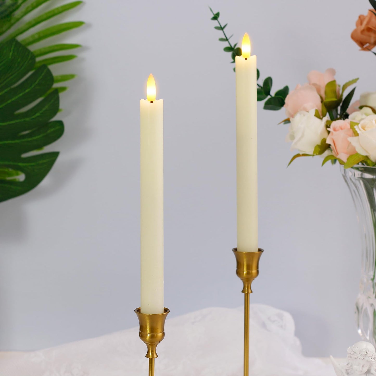 Mavandes LED Stabkerzen mit Timerfunktion,Flammenlose Batteriebertriebene Elfenbein Echtes Wachs 3D-Docht Fernbedienung Warmes Licht, Flackernde Flamme 4 Stück Gefälschte Elektrische Kerzen(2 x 25CM)