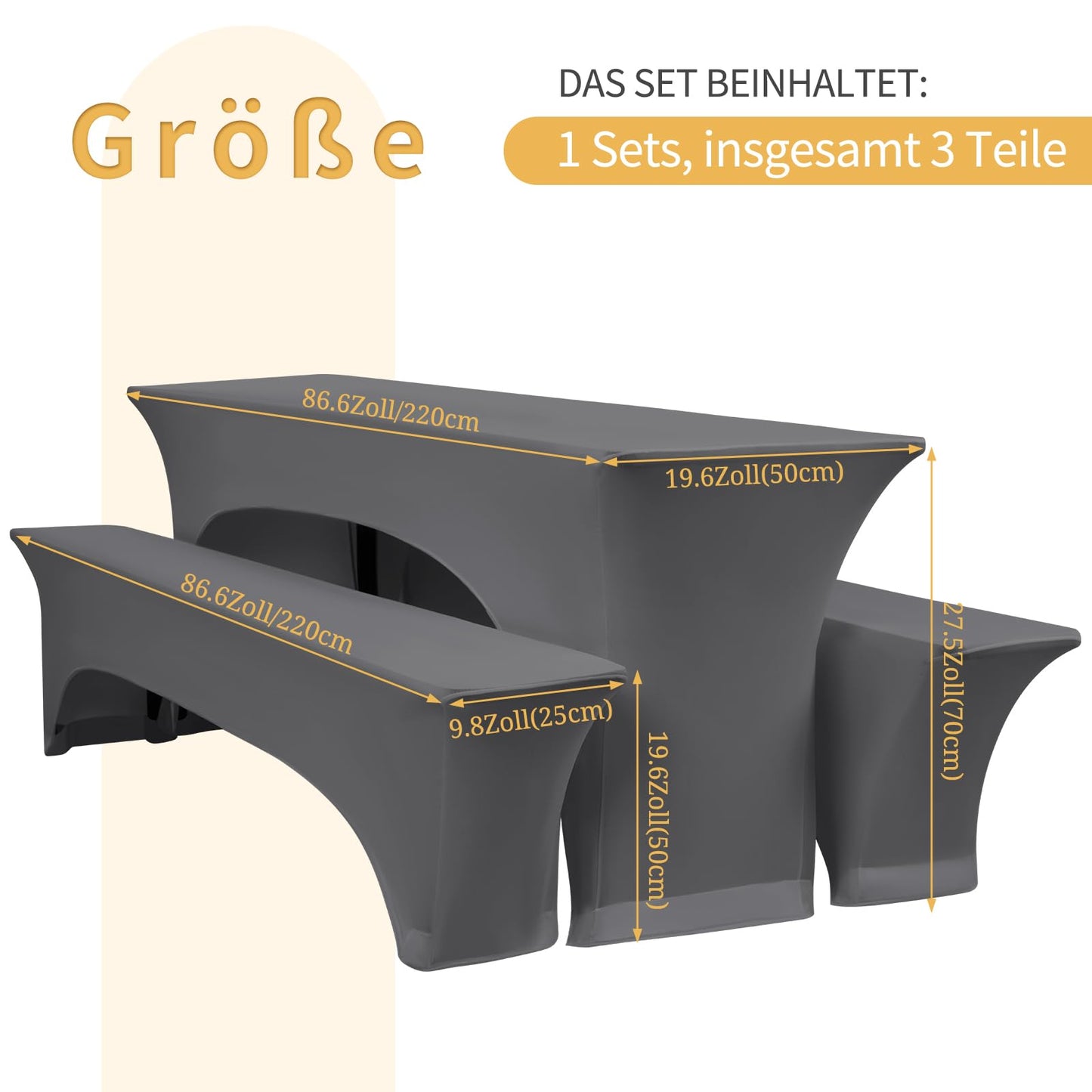 3er-Set Elastische Biertischhussen,Dunkelgrau Elastische Wasserdicht Bierbankhusse und Tischdecken,50 cm Tischbreite,Wasserdicht Bierzeltgarnituren 220 x50 x70 cm,für Bankett Gartenmöbel Abdeckungen.