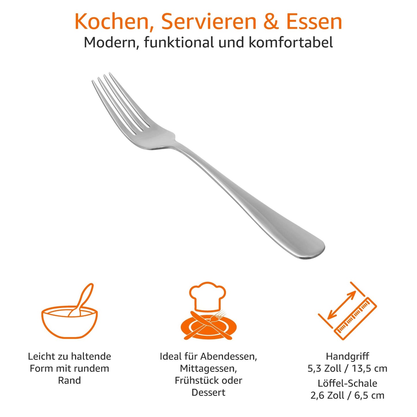 Amazon Basics Tafelgabeln, Abgerundete Kanten, Edelstahl, 12er-Pack, Silber, 5.3“