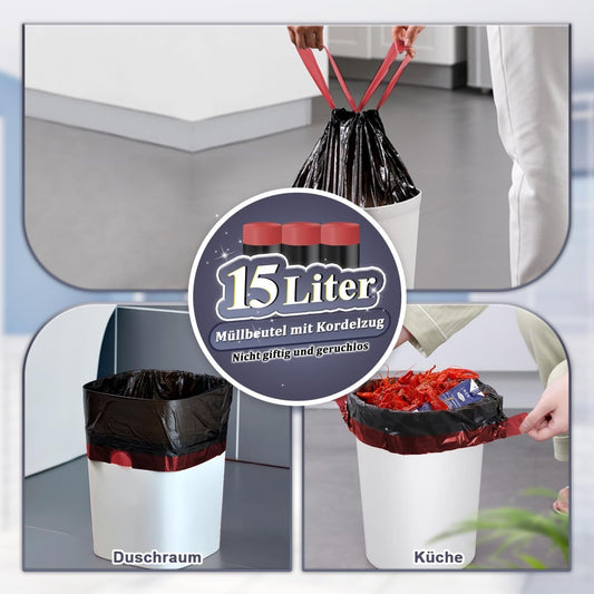 OKKEAI Schwarz Müllbeutel 15L mit Zugband Kleine Mülltüten,75 Stück Reißfest Müllsacks