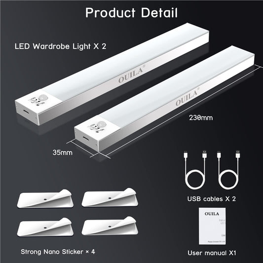 Schrankbeleuchtung LED mit Bewegungsmelder 2 Stück Schranklicht Schrankleuchte Led Leiste Batterie USB Wiederaufladbar Unterbauleuchte Küche für Kleiderschrank, Treppe, Kofferraum, RV