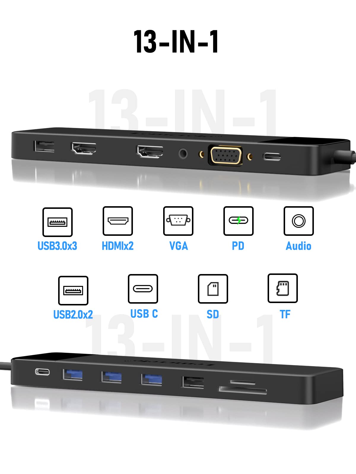 2024 Upgrade Docking Station USB C Hub 3*Display- 14 in 1, Lemorele USB C Dock 2 HDMI Adapter 4K, 3 USB 3.0, 2 USB 2.0, VGA, Type-C 3.0, PD 100W, Audio, SD/TF, für Windows, MacBook, Dell