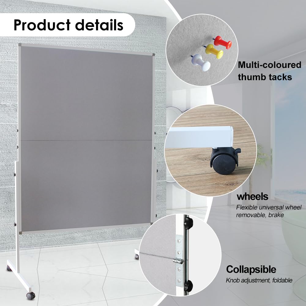 DEVELOP Metaplanwand Groß – Mobile Moderationstafel aus Filz mit Rollen, Klappbar & Doppelseitig Benutzbar Pinnwand Room Divider für Projektarbeit & Meetings, 120x150 cm Grau