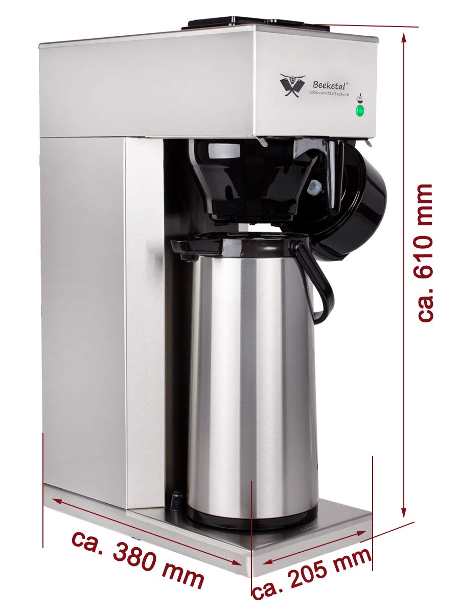 Beeketal 'BGK2-T' Gastro Edelstahl Filterkaffeemaschine mit 2,0l Pump-Thermoskanne (doppelwandig) und Warmhaltefunktion, Gastronomie Korbfilter Kaffeemaschine inkl. 10 Stk. Papier Korbfilter
