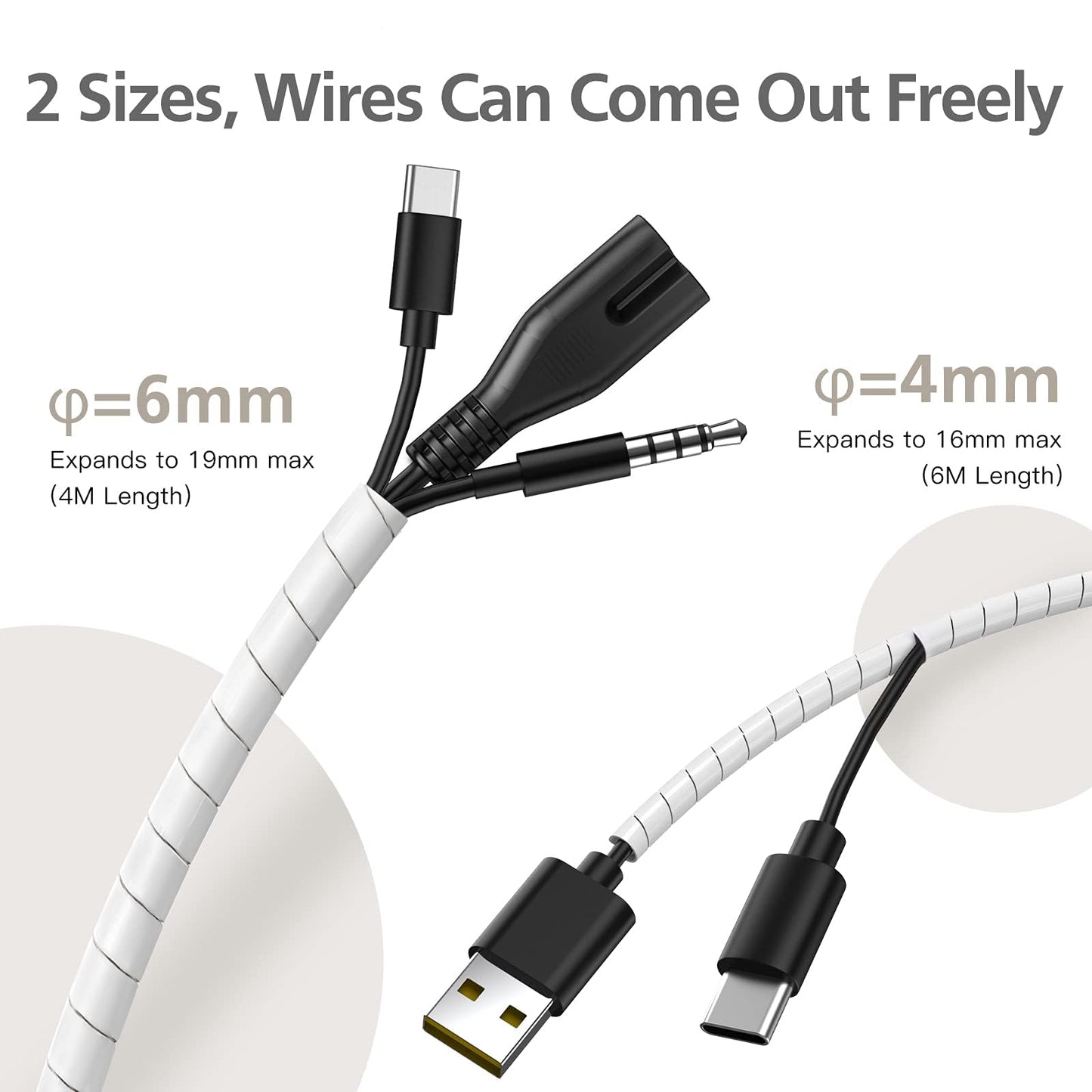 AGPTEK Kabelschlauch, Kabelschutzschlauch 4-16mm (6m), 6-19mm (4m), Organizer Kabelkanal, Kabelhülle Schutz, Flexible Kabelsalat insgesamt 10m, Weiß