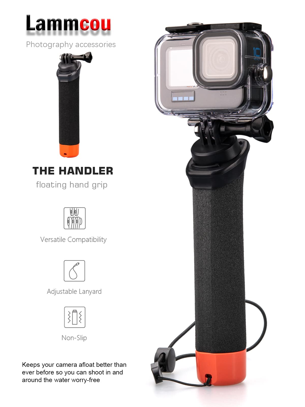 Lammcou Schwimmender Griff, Go Pro Schwimmfähiger Handgriff Wasserdichter Handler Tauchen Einbeinstativ Monopod & Sicherheitsseil & Armband, Floating Hand Grip für Hero 13 12 11 10 9 Go3 X3 Zubehör