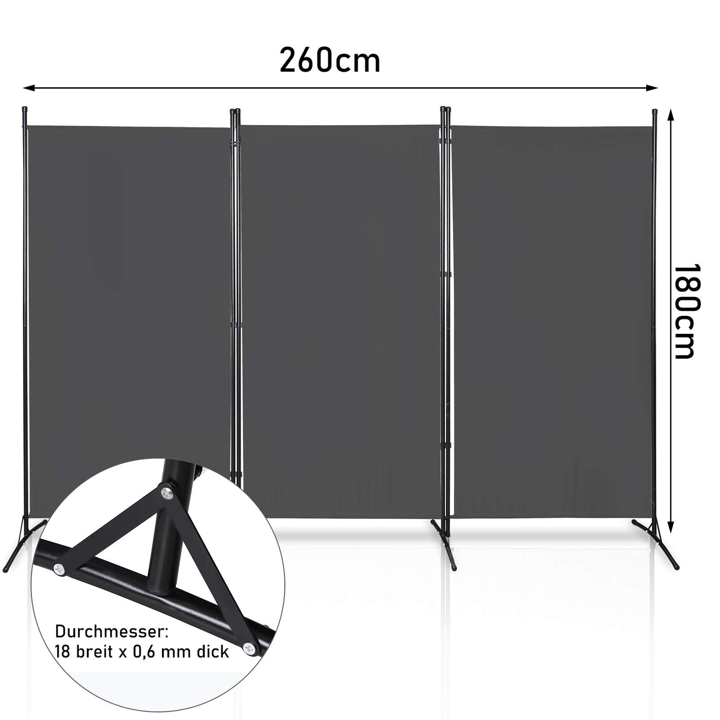 EINFEBEN Paravent 260x180cm 3 Trennwände Sichtschutzwand Anthrazit Raumteiler Stellwand Raumteiler Trennwand Sichtschutz
