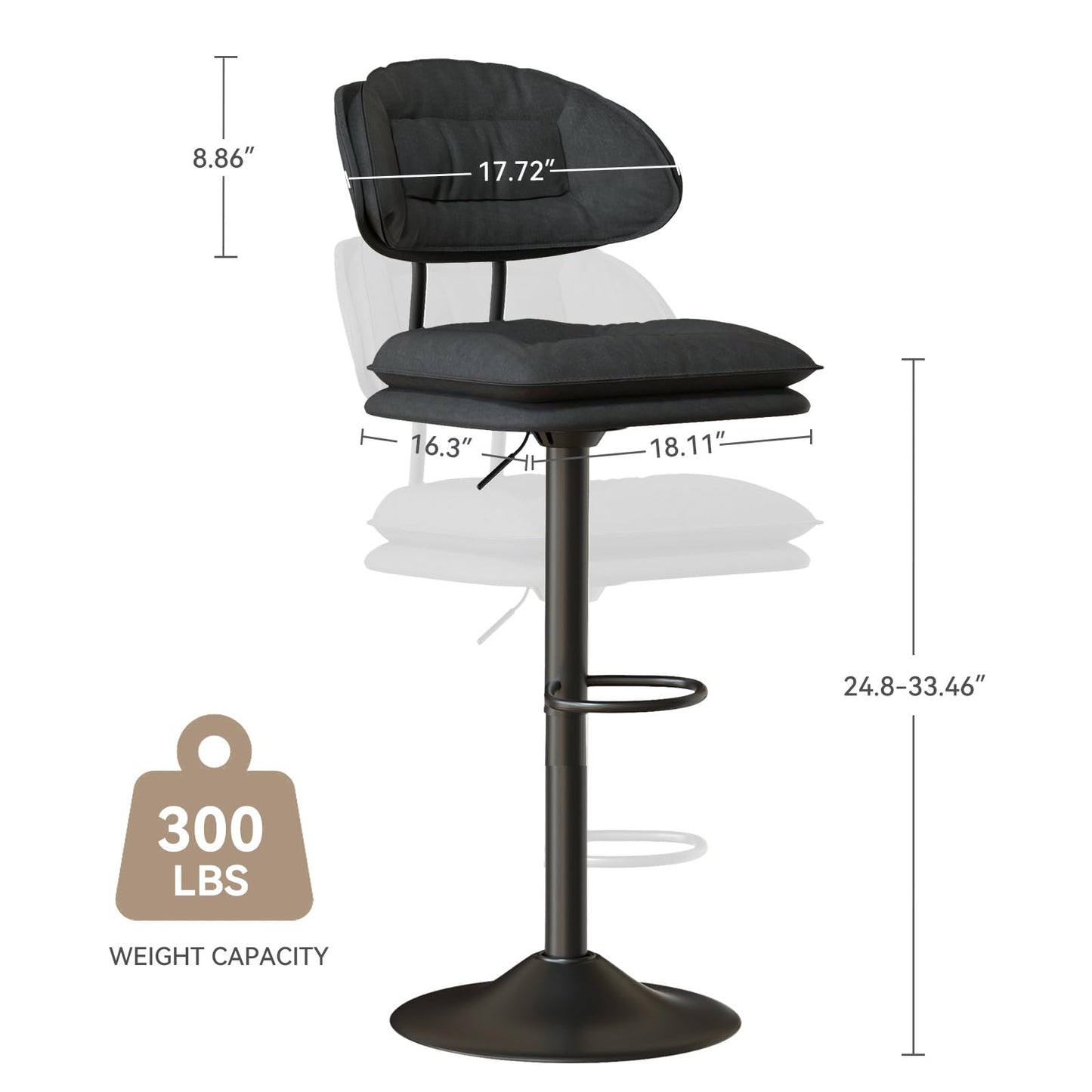 Hawthyhome Barhocker 2er Set, Ergonomische Gepolsterte Barhocker mit Rückenlehne, Verstellbare Doppellagige Barstuhl, für Esszimmer Heimbar Kücheninsel, 2 x Hocker (Dunkelgrau)