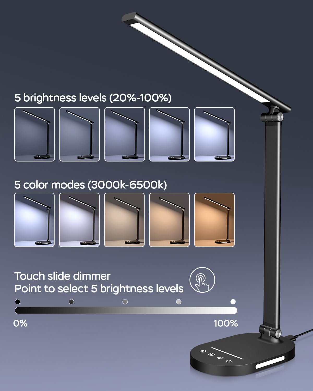 HASKARE Schreibtischlampe LED Dimmbare Tischlampe, 5 Farbmodi und 5 Helligkeitsstufen Blendfreie Augenschutz-Desk Lamp, USB-Ladeanschluss,Mit 5V/2A Netzadapter