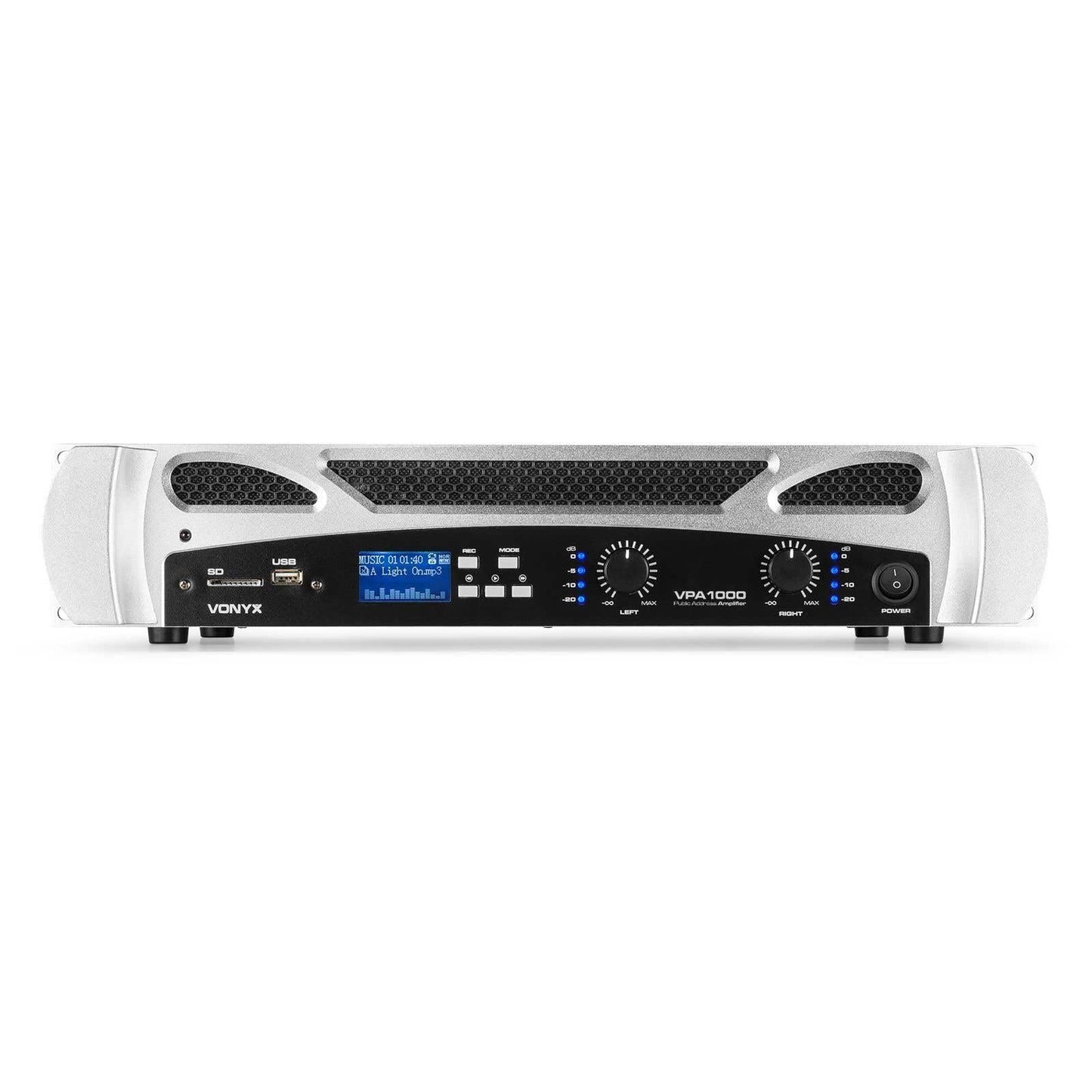 Vonyx VPA1000 PA Verstärker Endstufe 1000 Watt Leistungsverstärker 2x 500 W mit Bluetooth,MP3-Player, USB, SD, 19 Zoll Rack, 2U, RCA Cinch IN, NL2 Out, 6,3mm Klinke IN-OUT, VU-Meter - Schwarzweiß