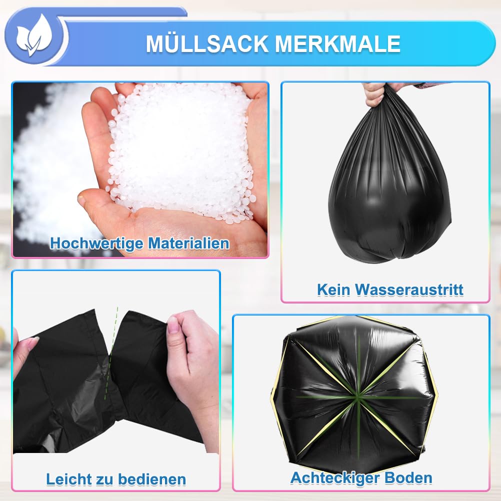 XUXRUS Schwarze Müllbeutel 15L Reißfest Müllsäcke Kleine Mülltüten für Badezimmer,Küche,Büro,200 Stück Blickdicht Abfallbeutel